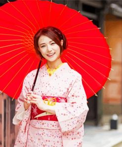 Japanese Woman With Kimono And Umbrella paint by numbers