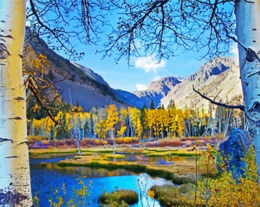 Mountains And Birch Trees paint by numbers