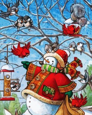 Snowman With Birds In Winter paint by numbers