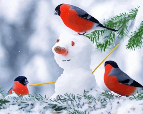 Snowman With Birds paint by numbers