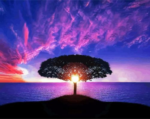 Tree By Water At Sunset paint by numbers