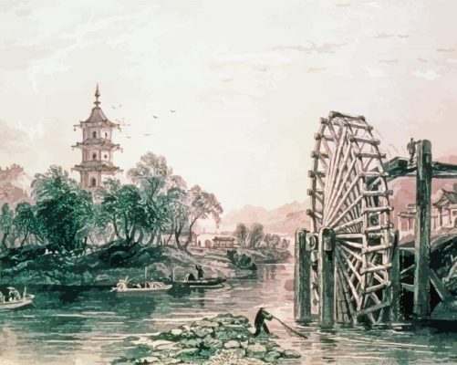 Chinese Old Water Mill Art paint by numbers